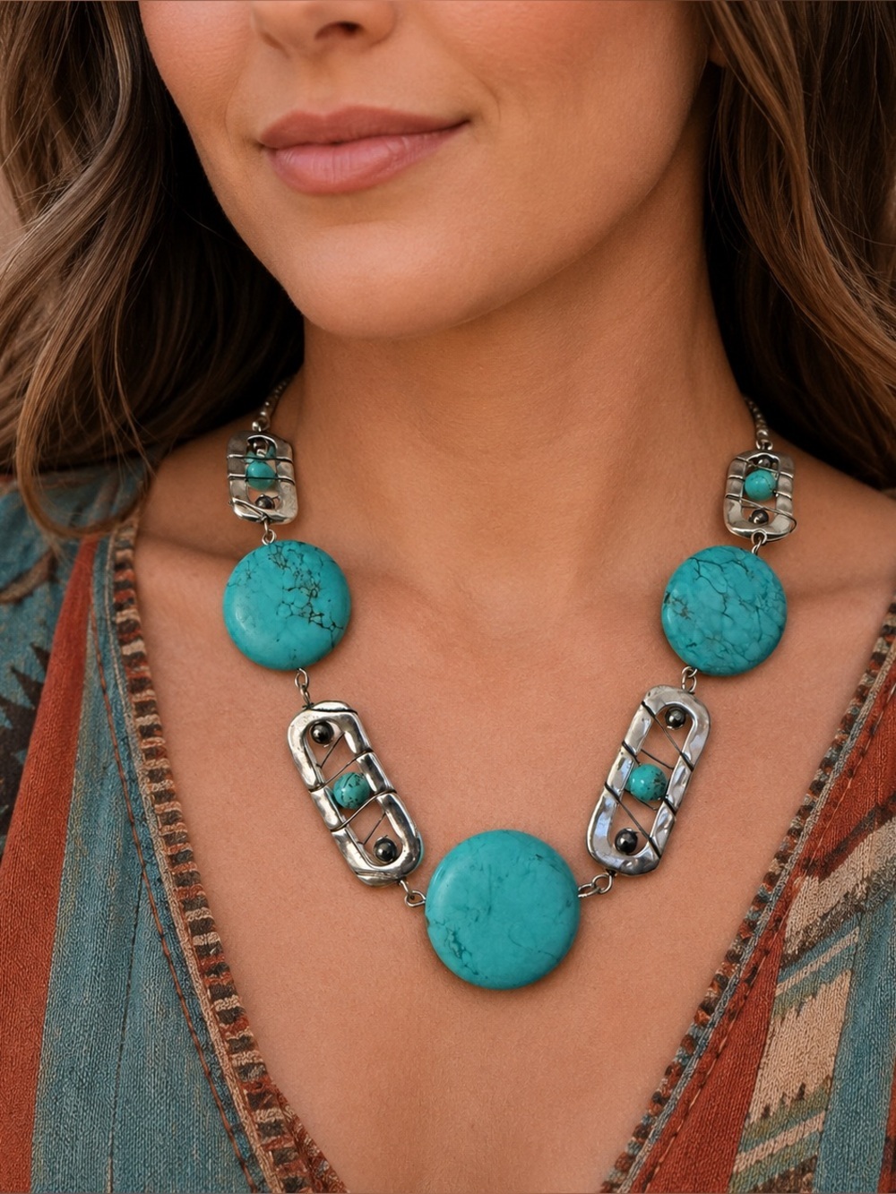 Southwestern Turquoise Colored Howlite Stone Costume Statement Necklace